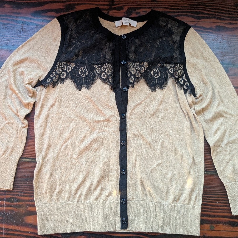 Ann Taylor LOFT Beige & Black Lace Detail Cardigan